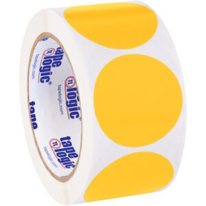 A roll of tape with large yellow dots on a white background, branded with tape logic in blue, pairs perfectly with MH-USA 2 Fluorescent Orange Inventory Circle Labels (500/Roll) to brighten and organize your packaging needs.
