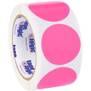 A roll of adhesive tape with large, vibrant pink circular stickers similar to the MH-USA 2 Fluorescent Pink Inventory Circle Labels (500/Roll). tape logic is printed inside on a white background, and stickers are evenly spaced on the clear tape.