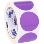 The MH-USA 2 Purple Inventory Circle Labels (500/Roll) feature vibrant purple dots on white tape, with adhesive backing and blue/red branding on the inner tube.
