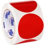 A roll of MH-USA 3 Red Inventory Circle Labels (500/roll) features tape logic branding text and vibrant stickers, ideal for organizing and labeling tasks.