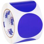 The MH-USA 3 Dark Blue Inventory Circle Labels (500/Roll) feature vivid blue dots on a white background. The inner side of the roll displays the tape logic brand.