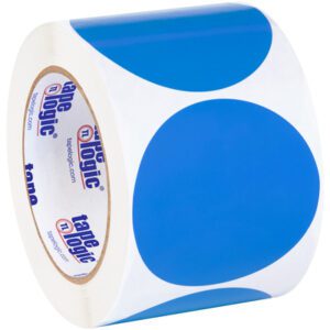 A roll of MH-USA 3 Light Blue Inventory Circle Labels (500/Roll) shows large blue dots on a white background, with the core branded as tape logic.