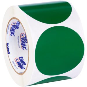 A roll of MH-USA 3 Green Inventory Circle Labels (500/Roll) features white stickers with large green dots, and the inside bears the Tape Logic logo in blue and red.