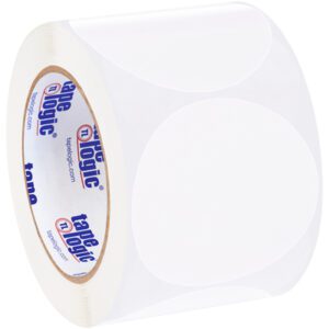 A roll of MH-USA 3 White Inventory Circle Labels (500/Roll) on a white background, featuring tape logic branding on the sides for precise and clear labeling.