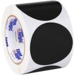 The MH-USA 3 Black Inventory Circle Labels come in a roll of 500 labels with a white backing and brand text on the inner core for efficient organization.