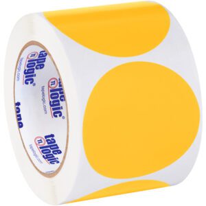 MH-USA 3 Fluorescent Orange Inventory Circle Labels (500/Roll) showcases bright orange circles on a white background, neatly wrapped around a strong cylindrical core.