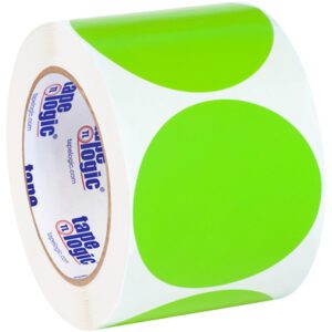 Roll of green dot stickers on white, ideal for inventory use. Labeled MH-USA 3 Fluorescent Green Inventory Circle Labels (500/Roll).