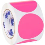 A roll of MH-USA 3 Fluorescent Pink Inventory Circle Labels (500/Roll) features bold pink dots with diagonal slits for easy peeling, and displays the tape logic logo in blue on a white background.