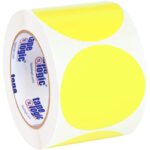The MH-USA 3 Fluorescent Yellow Inventory Circle Labels come in rolls of 500, featuring vibrant stickers perfect for visibility. The inner core displays the tape logic logo and text.