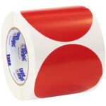 The MH-USA 4 Red Inventory Circle Labels (500/Roll) feature large red circles on a white roll, branded Tape Logic inside. These adhesive labels are evenly spaced for a seamless pattern.