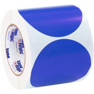 The MH-USA 4 Dark Blue Inventory Circle Labels (500/Roll) feature large blue circles on each label, with tape logic branding in striking blue and red inside the roll, ideal for inventory needs.