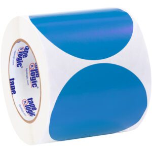 A roll of MH-USA 4 Light Blue Inventory Circle Labels (500/Roll) is arranged in a continuous line, each showing the tape logic logo and website URL on a white background—ideal for efficient organizing.