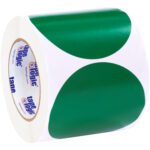 A roll of tape features a white background with alternating green semi-circles labeled tape logic, similar in style to the MH-USA 4 Green Inventory Circle Labels (500/Roll).