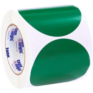 A roll of tape features a white background with alternating green semi-circles labeled tape logic, similar in style to the MH-USA 4 Green Inventory Circle Labels (500/Roll).