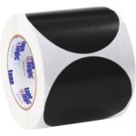 A roll of MH-USA 4 Black Inventory Circle Labels (500/Roll) features a white backing with the Tape Logic brand, visible logo and text along the strip, and is neatly wound with a glossy finish.