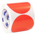 MH-USA 4 Fluorescent Red Inventory Circle Labels (500/Roll) feature bright red-orange circles on white, with the Tape Logic logo on the core to signify quality and reliability.