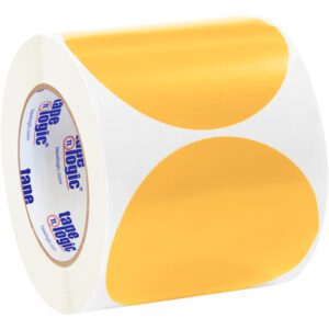 A roll of MH-USA 4 Fluorescent Orange Inventory Circle Labels (500/Roll) features large white sticker paper, with the brand name Tape Logic prominently displayed on the side.