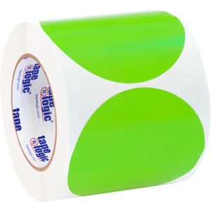 A roll of MH-USA 4 Fluorescent Green Inventory Circle Labels (500/Roll) partly unwound shows vibrant lime green circles against a white backing.