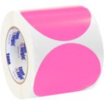 The MH-USA 4 Fluorescent Pink Inventory Circle Labels (500/Roll) are ideal for marking items, featuring bright pink dots and Tape Logic on the core for enhanced visibility and organization.