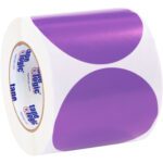 This white adhesive tape, featuring large purple dots and labeled Tape Logic on the core, is similar in vibrant design to the MH-USA 4 Purple Inventory Circle Labels (500/Roll).