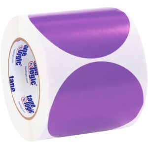 This white adhesive tape, featuring large purple dots and labeled Tape Logic on the core, is similar in vibrant design to the MH-USA 4 Purple Inventory Circle Labels (500/Roll).