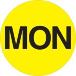 The MH-USA 1 Circle Days of the Week Labels, featuring a vibrant fluorescent yellow circle with bold black letters MON for Monday, come in rolls of 500.