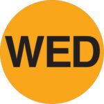 The MH-USA 1 Circle - WED (Fluorescent Orange) Labels, feature bold black text, perfect for organizing your Wednesday schedule. Part of the MH-USA Days of the Week collection, each roll contains 500 labels.