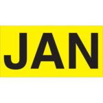 MH-USAs 3 x 6 JAN Months of the Year Labels in bold black text on fluorescent yellow background, available in rolls of 500 labels.