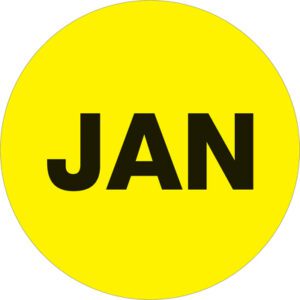 At the center is a fluorescent yellow circle with JAN in bold black font, like the MH-USA 1 Circle Labels - JAN (Fluorescent Yellow) Months of the Year (500/Roll).