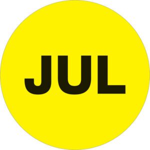 A fluorescent yellow MH-USA 1 circle label with bold black JUL letters represents July, part of the Months of the Year Labels collection, and comes conveniently on a roll of 500 labels.