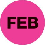 The MH-USA 2 circle label with FEB features a fluorescent pink design and is ideal for monthly organization. Available as a roll of 500.