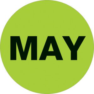 The MH-USA 2 Circle label features MAY in bold black on a fluorescent green background, part of the Months of the Year Labels collection. Each roll contains 500 labels.