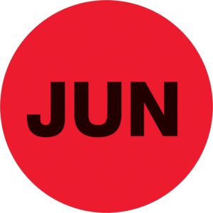 The MH-USA 2 fluorescent red circle labels feature JUN in bold black letters and come in rolls of 500, ideal for organizing and marking important dates or products.