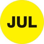 The MH-USA 2 Circle - JUL (Fluorescent Yellow) Months of the Year Labels display JUL prominently at the center, with 500 labels per roll.