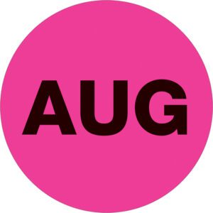 The MH-USA 2 Circle AUG labels in fluorescent pink, with AUG printed in black, are ideal for organizing by month. With 500 labels per roll, they add vibrant color to your labeling needs for August.