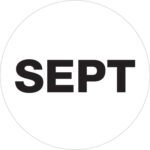 The image showcases a design similar to MH-USA 2 Circle - SEPT (White) Months of the Year Labels, featuring bold black SEPT text centered on a white circular background.