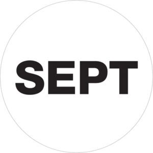 The image showcases a design similar to MH-USA 2 Circle - SEPT (White) Months of the Year Labels, featuring bold black SEPT text centered on a white circular background.