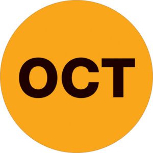 The MH-USA 2 Circle - OCT (Fluorescent Orange) label, featuring a bold black OCT on an orange circle, is part of the vibrant Months of the Year Labels collection and comes in rolls of 500 for effective organization.