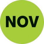 A fluorescent green MH-USA 2 circle label features NOV in black at its center, signifying November. Its part of the Months of the Year collection and comes in rolls of 500.