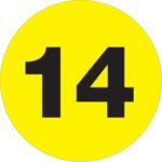 A fluorescent yellow circle with the bold black number 14 in the center resembles the MH-USA 1 Circle - 14 (Fluorescent Yellow) Number Labels, available in rolls of 500.