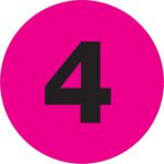 A bold black 4 is featured on a fluorescent pink circle against a white background. These MH-USA 2 Circle - 4 (Fluorescent Pink) Number Labels, with 500 per roll, are ideal for organizing or labeling tasks.