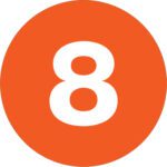 An orange circle prominently displays the number 8 in white at its center, similar to MH-USA 2 Circle - 8 (Orange) Number Labels, which are ideal for sorting and categorization.