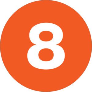 An orange circle prominently displays the number 8 in white at its center, similar to MH-USA 2 Circle - 8 (Orange) Number Labels, which are ideal for sorting and categorization.