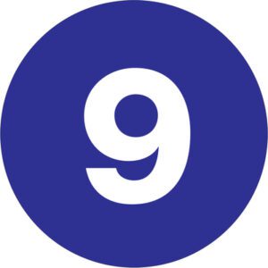 A prominent white number 9 is centered within a solid blue circle, similar to MH-USA 2 Circle - 9 (Dark Blue) Number Labels, available in rolls of 500.