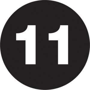 A black circle displaying the white number 11 at its center, similar to the MH-USA 2 Circle - 11 (Black) Number Labels, available in rolls of 500.
