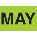 The image shows a vivid green rectangle with MAY in bold black letters, similar to MH-USA 2 x 3 Fluorescent Green MAY Months of the Year Labels, great for easy organization.