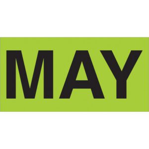 The image shows MAY in bold black letters, centered on a fluorescent green rectangle, similar to MH-USA 3 x 6 - MAY (Fluorescent Green) Months of the Year Labels (500/Roll).