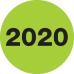 A vivid fluorescent green circle boldly displays 2020 in striking black, with MH-USA 2 Year Labels offering 500 per roll for ideal organization.