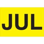 A fluorescent yellow rectangle with bold black JUL letters is part of the vibrant MH-USA 2 x 3 Months of the Year Labels, packaged in rolls of 500.