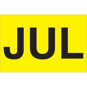 A fluorescent yellow rectangle with bold black JUL letters is part of the vibrant MH-USA 2 x 3 Months of the Year Labels, packaged in rolls of 500.